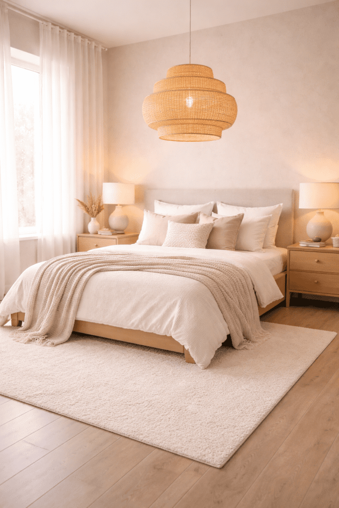 Neutral Bedroom with Statement Lighting