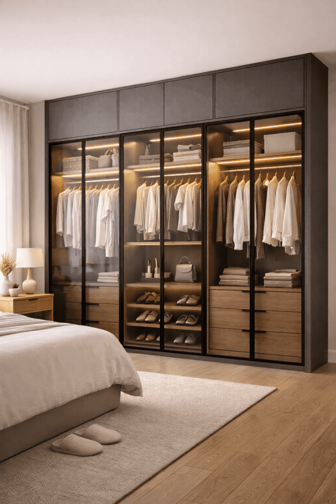 Glass Door Wardrobe with LED Lighting