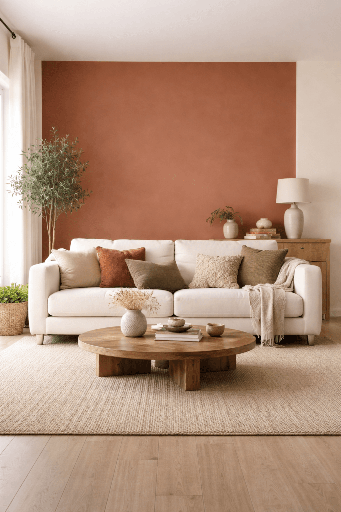 Living Room Statement Wall with Muted Earth Tones