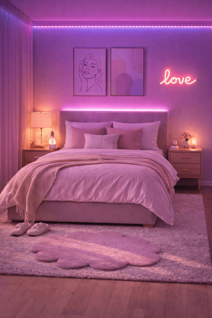Aesthetic Feminine Bedroom with LED Glow
