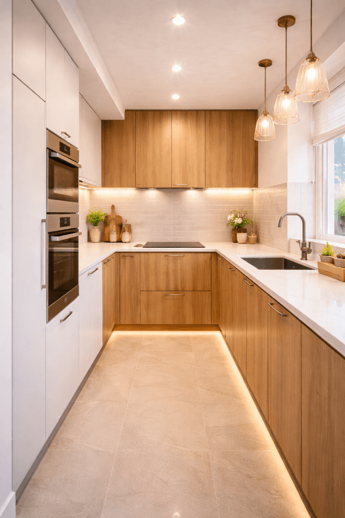 Compact Galley Kitchen with Smart Lighting Layers