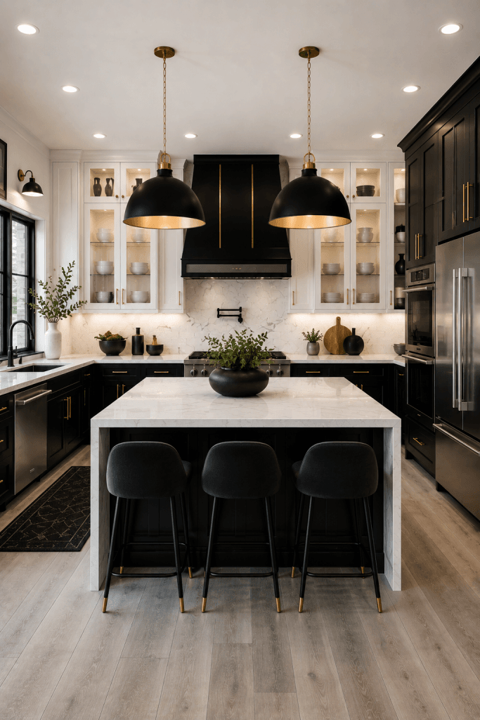 Black and White Kitchen with Statement Lighting