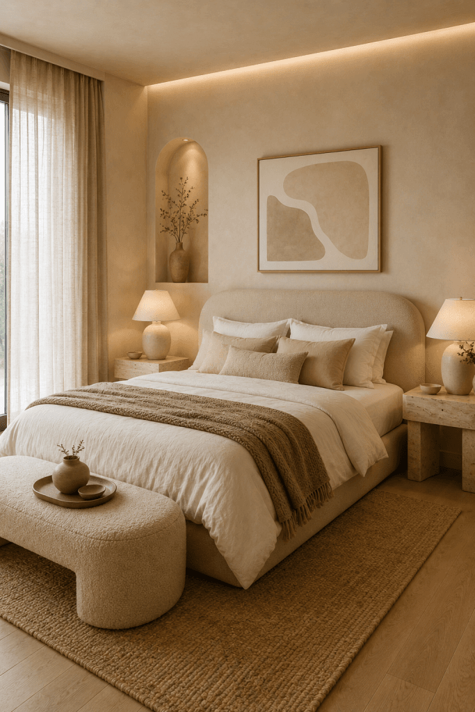 Warm Beige Calm Bedroom With Modern Organic Decor