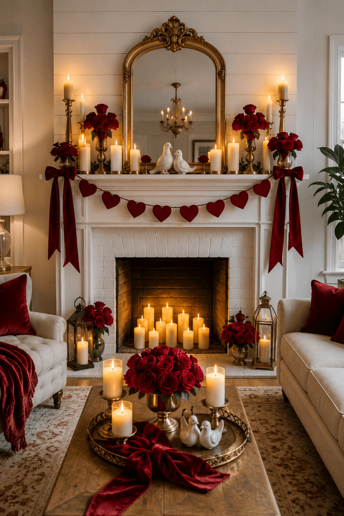 Candlelit Rose Elegance Mantel
